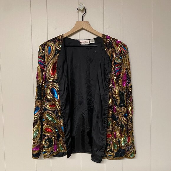 Vintage Laurence Kazar NY Paisley Sequin Beaded Jacket, 100% Silk, Large. - Picture 2 of 12